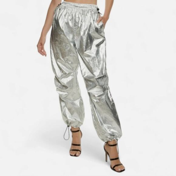 Vinyl Icons Metallic Foil Parachute Pants WMNS XL Silver Elastic Waist High Rise - Picture 2 of 10
